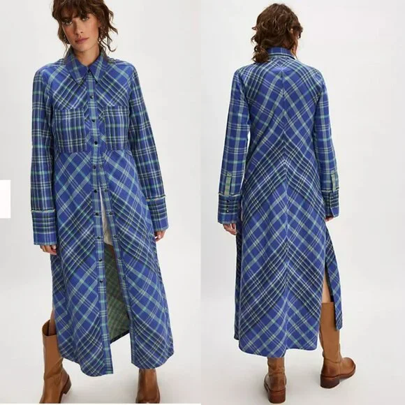 NEW Free People Ruth Long Button Front Shirt Dress Duster Jacket Purple Green - Picture 2 of 15